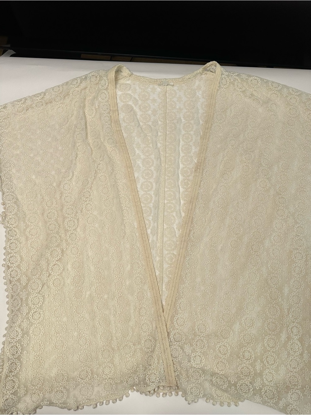 Boho Romantic Sheer Lace Kimono Duster Pom Pom Trim Festival Cover Up - Picture 9 of 11